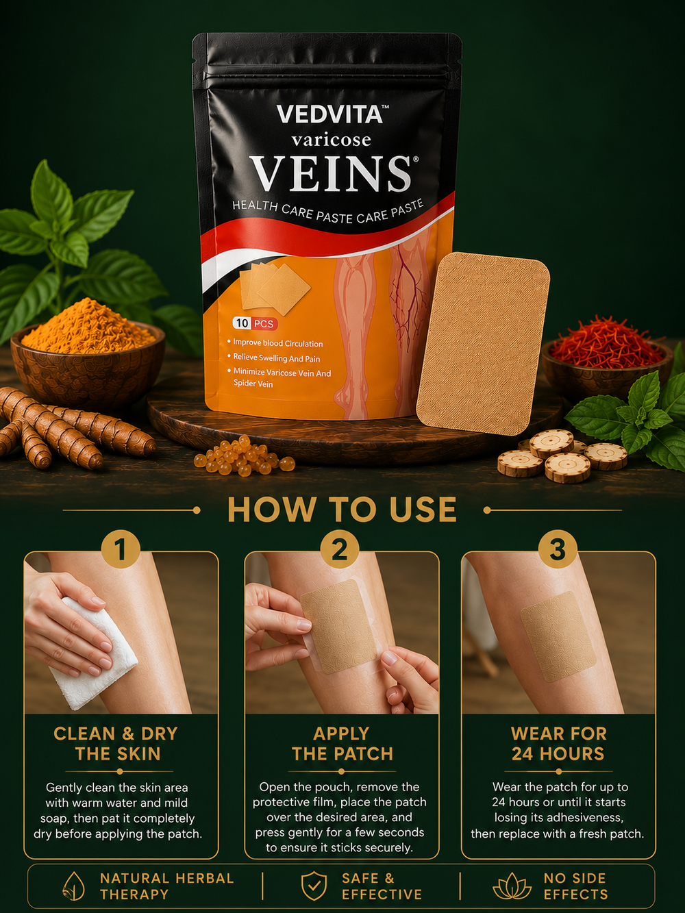 Vedvita™ Spider & Varicose Vein Patches | Natural Herbal Therapy for Swelling, Fatigue & Vein Health